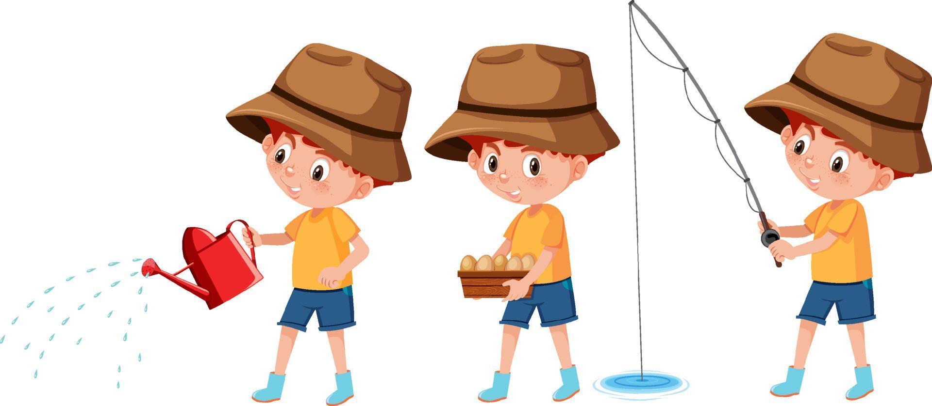 Cartoon character of a boy doing different activities vector