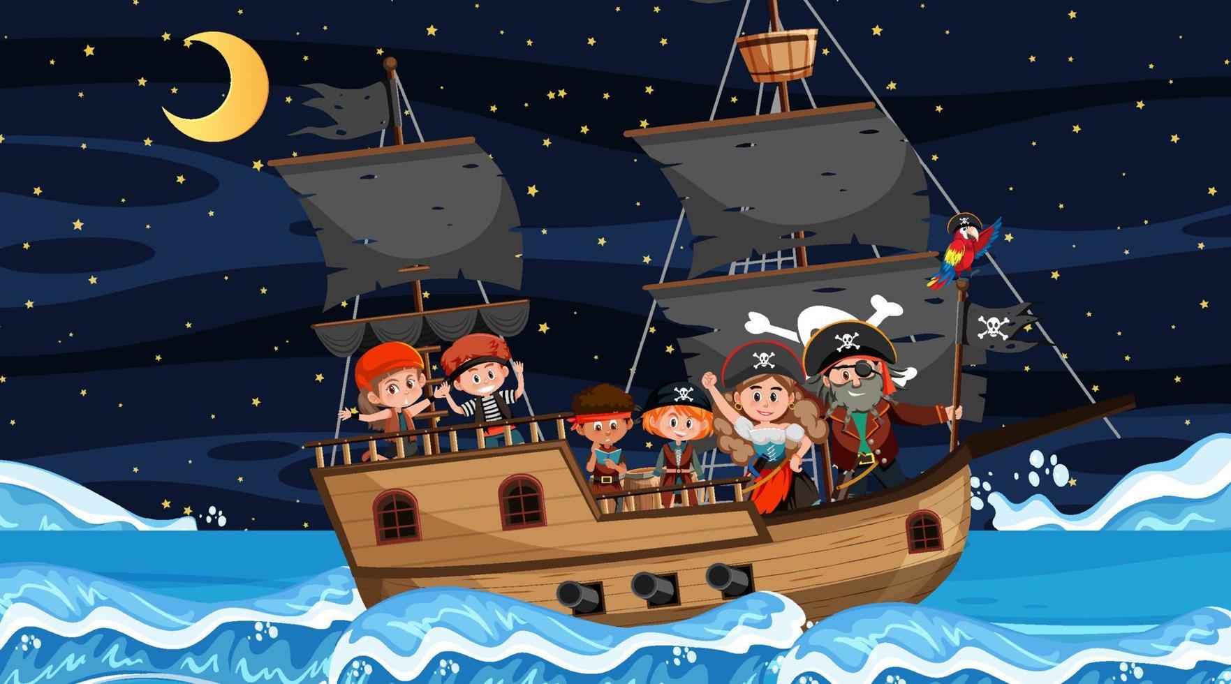 Ocean scene at night with Pirate kids on the ship vector