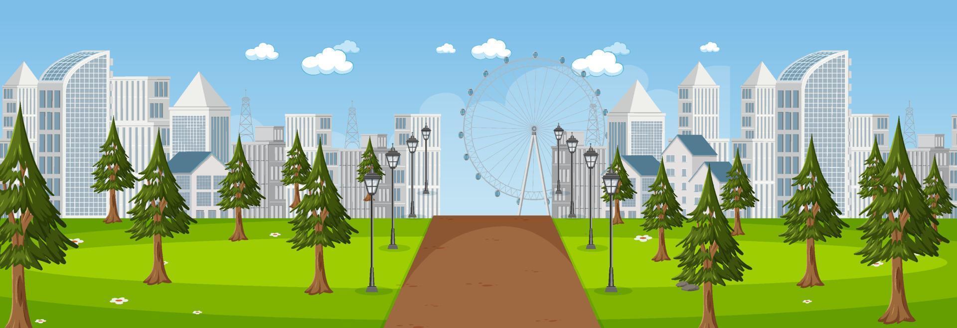Horizontal scene with long road through the park into the town at day time vector