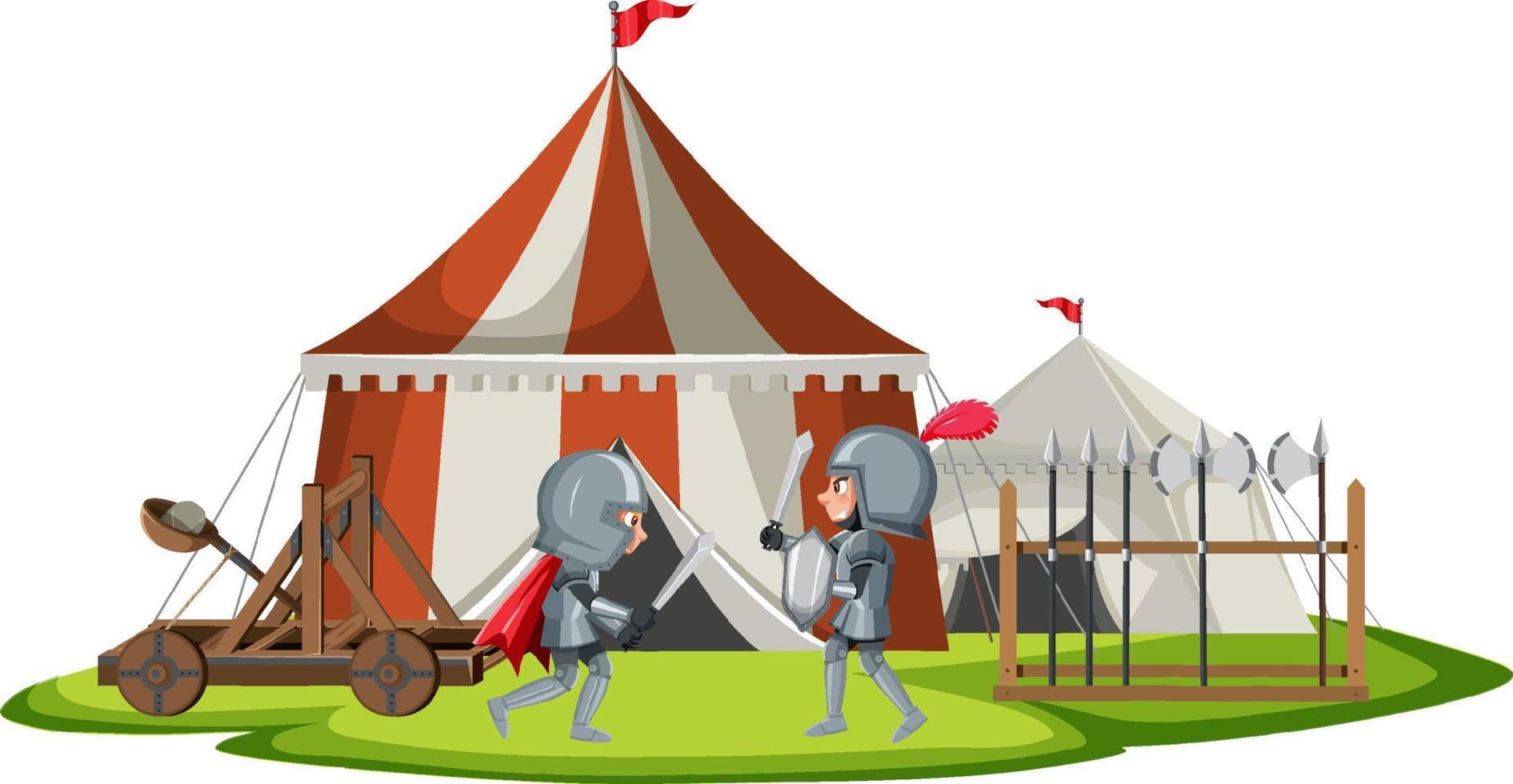 campamento medieval militar con dos guerreros luchando vector