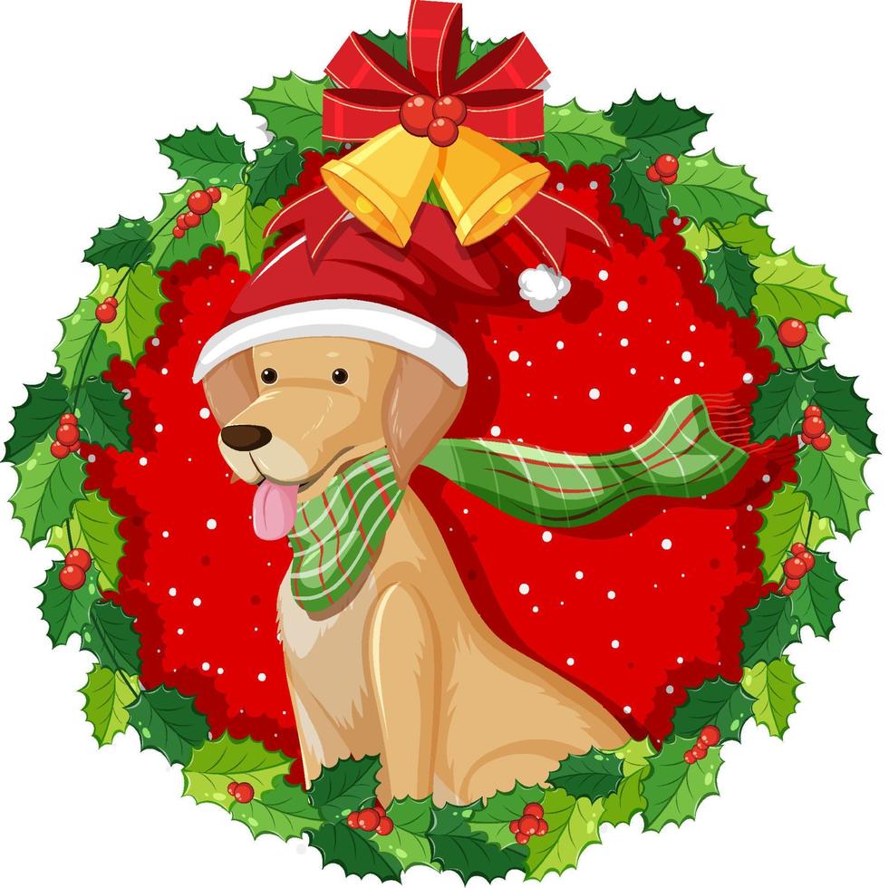 Cartoon golden retriever dog in Christmas wreath isolated vector