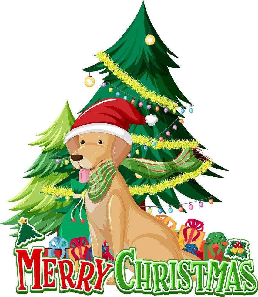 Merry Christmas font with Golden Retriever dog and Christmas tree vector