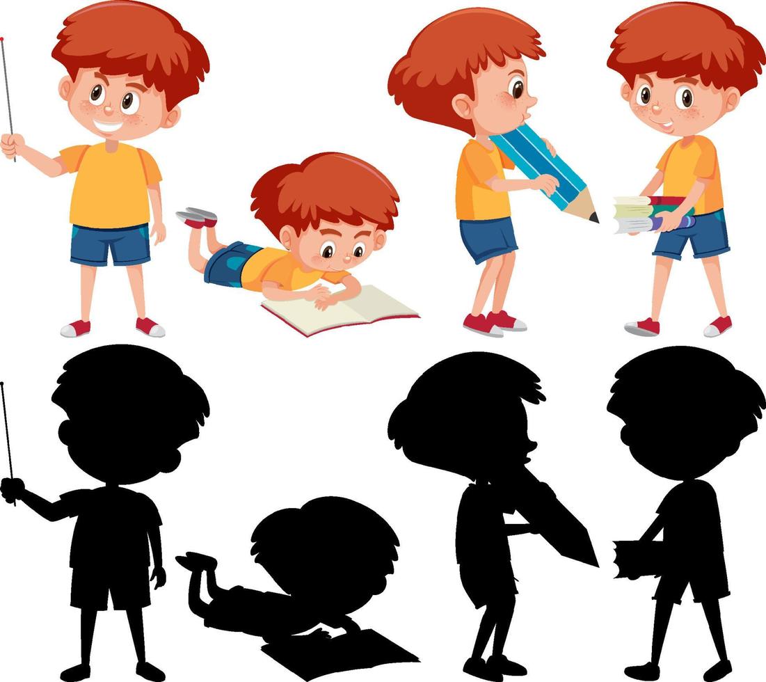 conjunto de un personaje de dibujos animados de niño en diferentes posiciones con su silueta vector