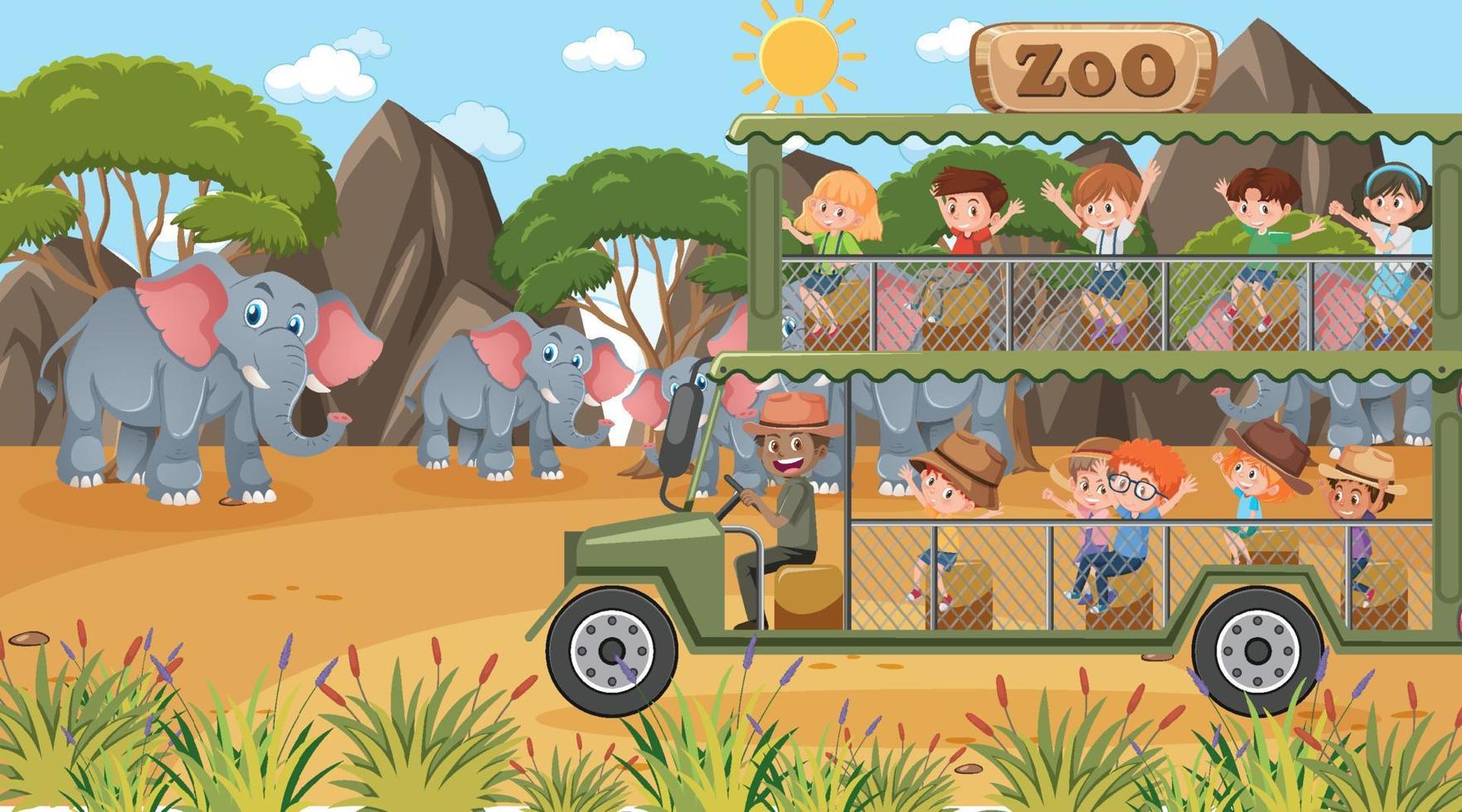 Safari at day time scene with many kids watching elephant group vector