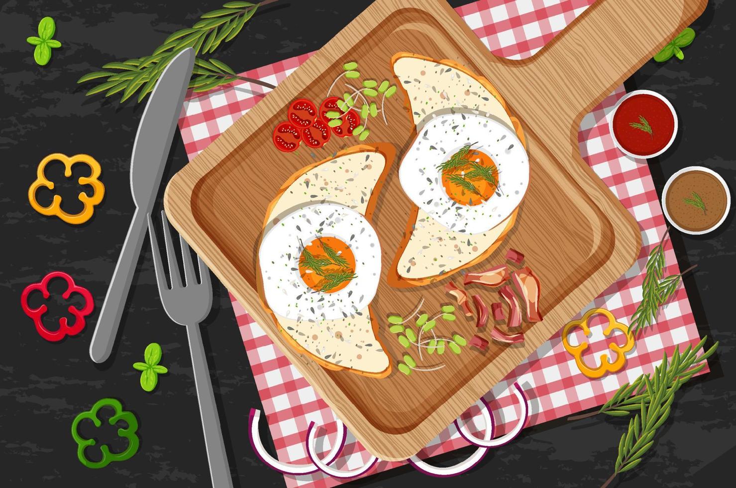 Top view of breakfast meal with bread and fried eggs in a wooden plate vector