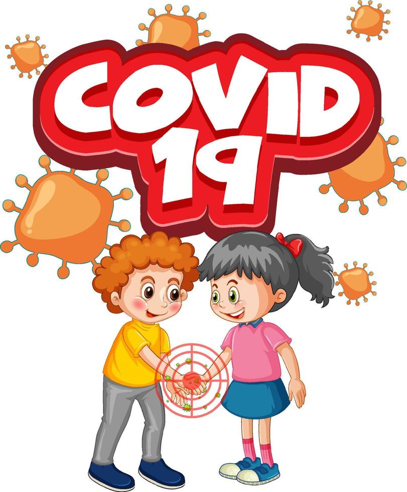 Two kids cartoon character do not keep social distance with covid-19 font isolated on white background vector