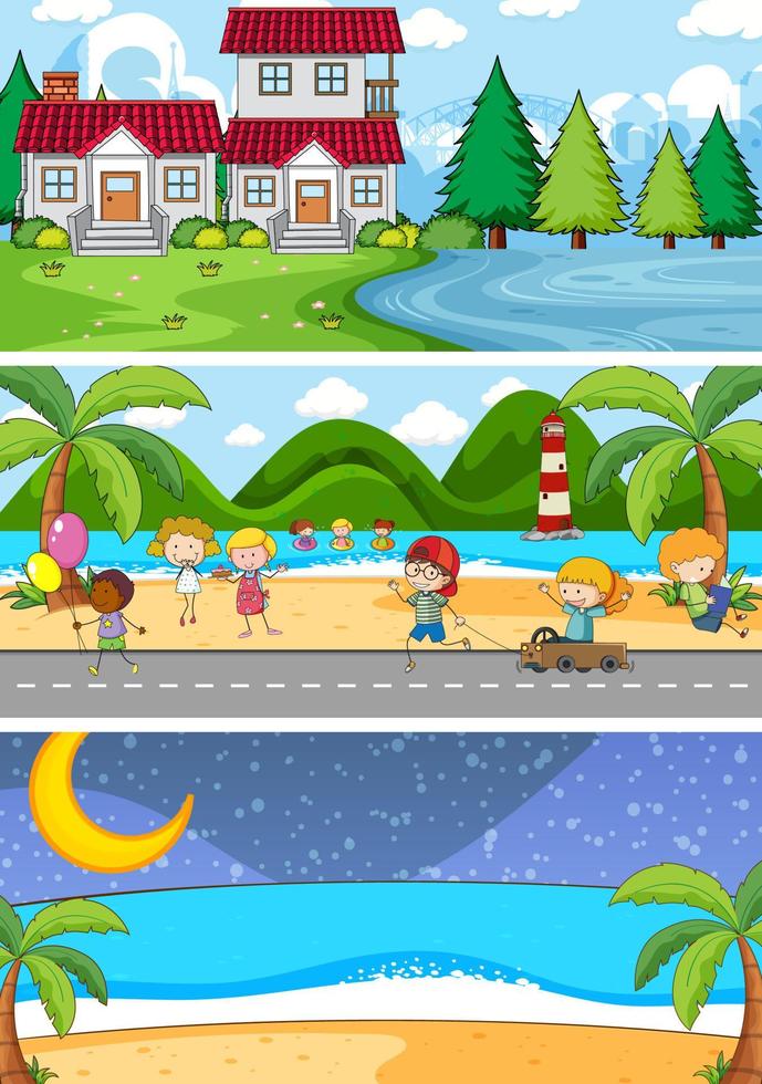 Set of different horizontal scenes background with doodle kids cartoon character vector