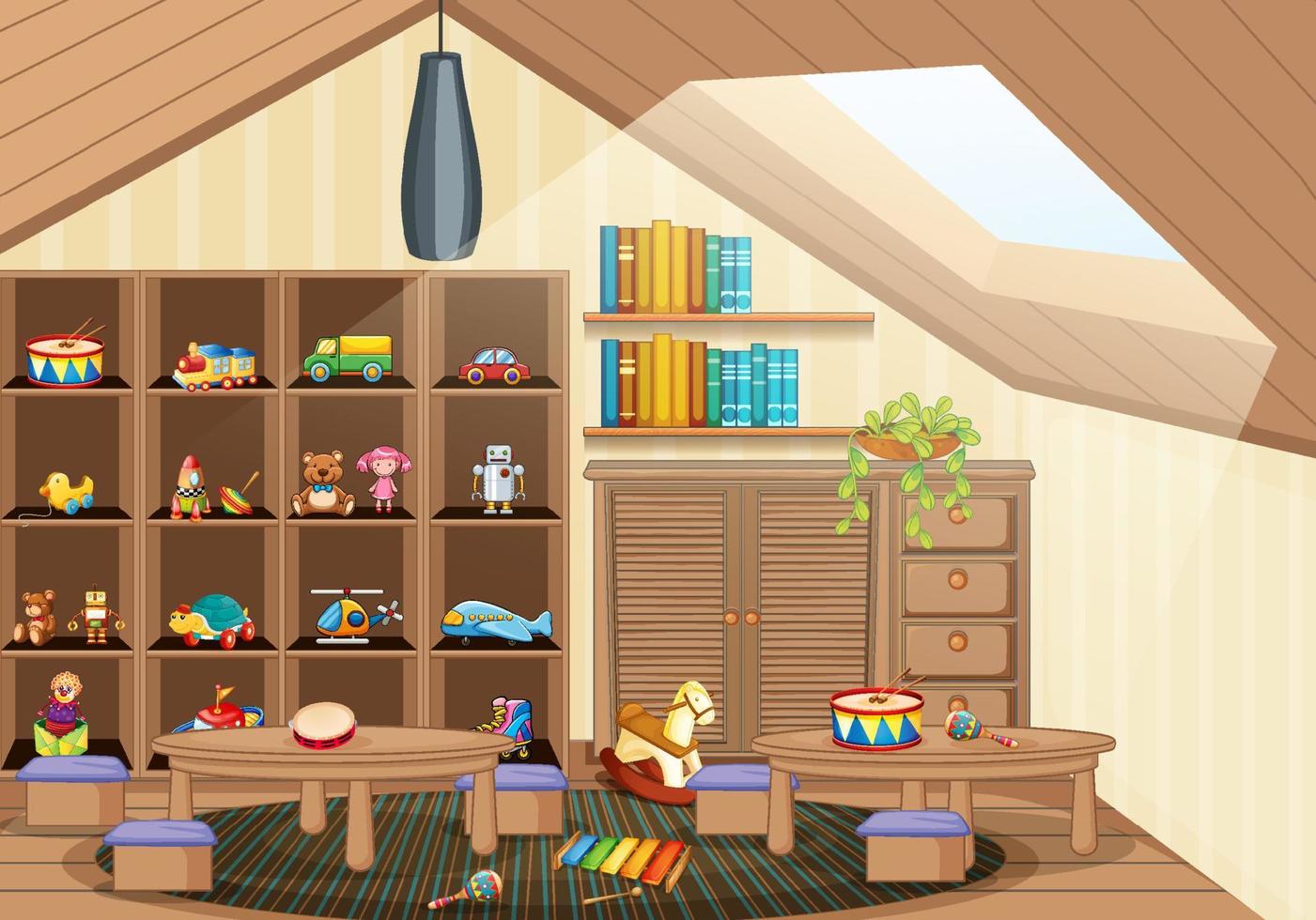 Empty kindergarten room with many kid toys vector