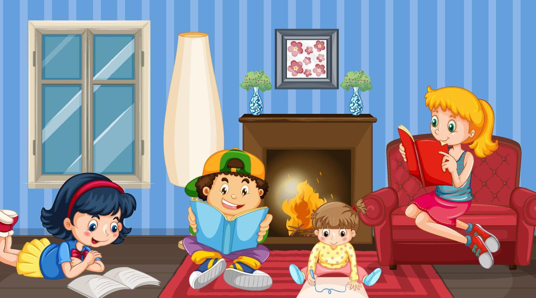 Scene with children reading their book in the living room vector