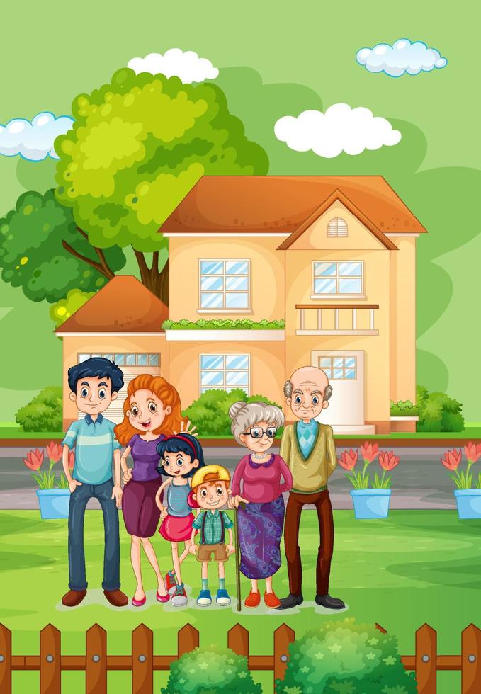 Happy family standing outside home vector