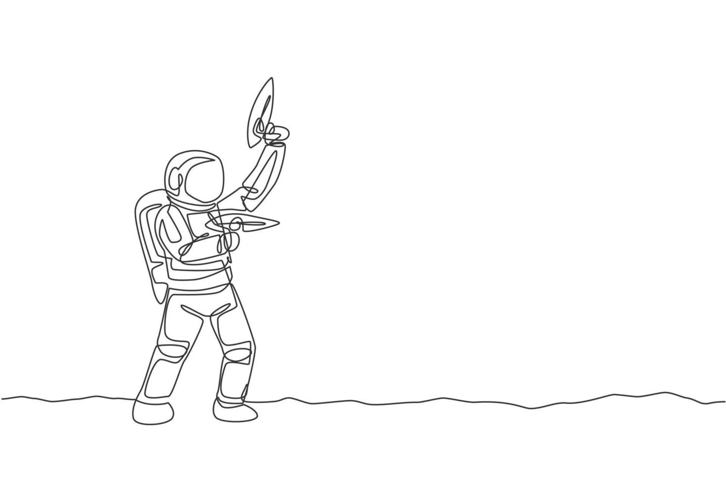 One continuous line drawing of young astronaut shoot using space laser gun to kill enemy in moon surface. Cosmic galaxy space concept. Dynamic single line draw graphic design vector illustration