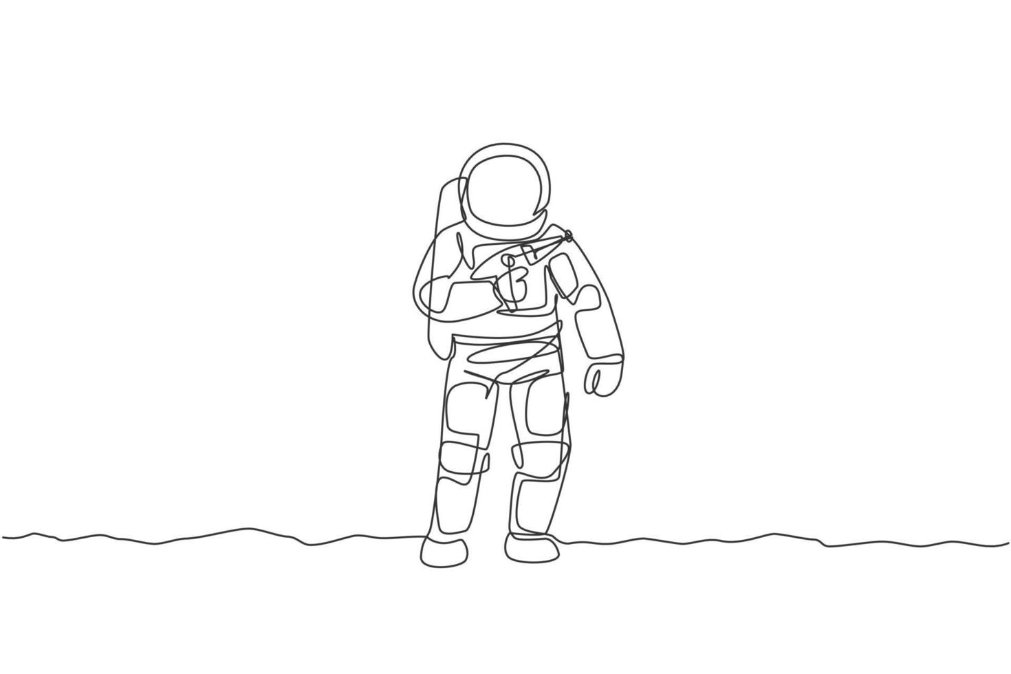 One single line drawing of young astronaut holding space laser gun, prepare to war in moon surface vector graphic illustration. Cosmonaut deep space concept. Modern continuous line draw design