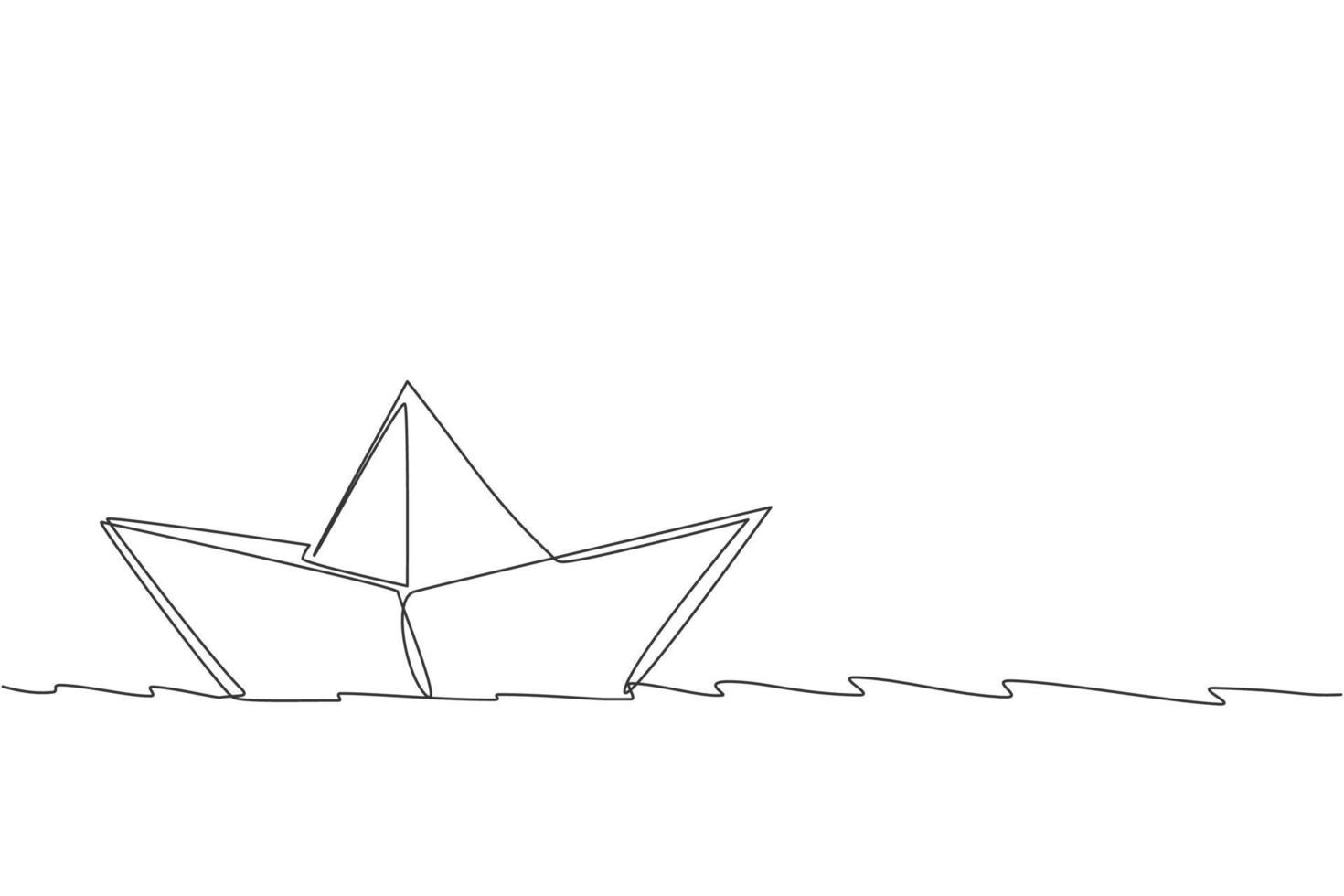 One continuous line drawing of paper boat sailing on the water river. Origami craft concept. Dynamic single line draw design vector graphic illustration