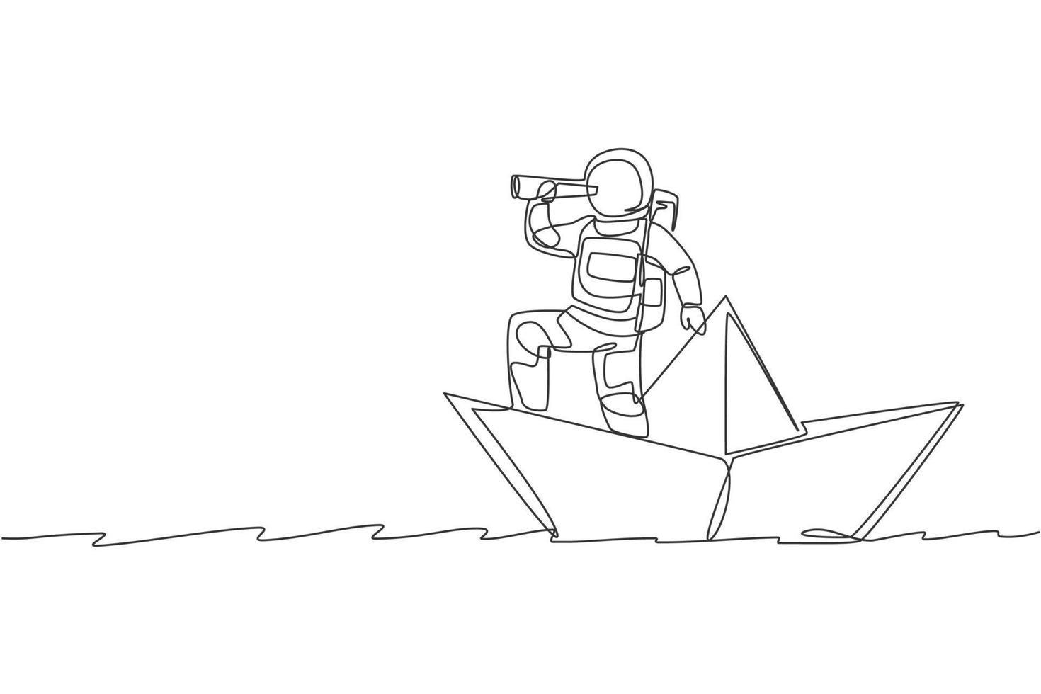 One single line drawing young astronaut look at forward using telescope while standing on paper boat in sea ocean graphic vector illustration. Cosmonaut deep space concept. Continuous line draw design