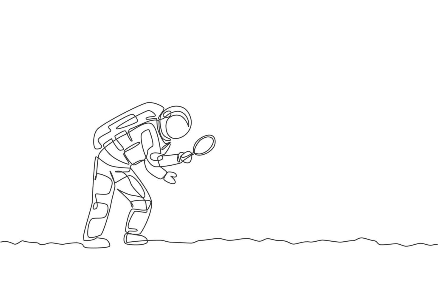 One continuous line drawing of young astronaut holding magnifier and search for foot trace in moon surface. Cosmic galaxy space concept. Dynamic single line draw graphic design vector illustration