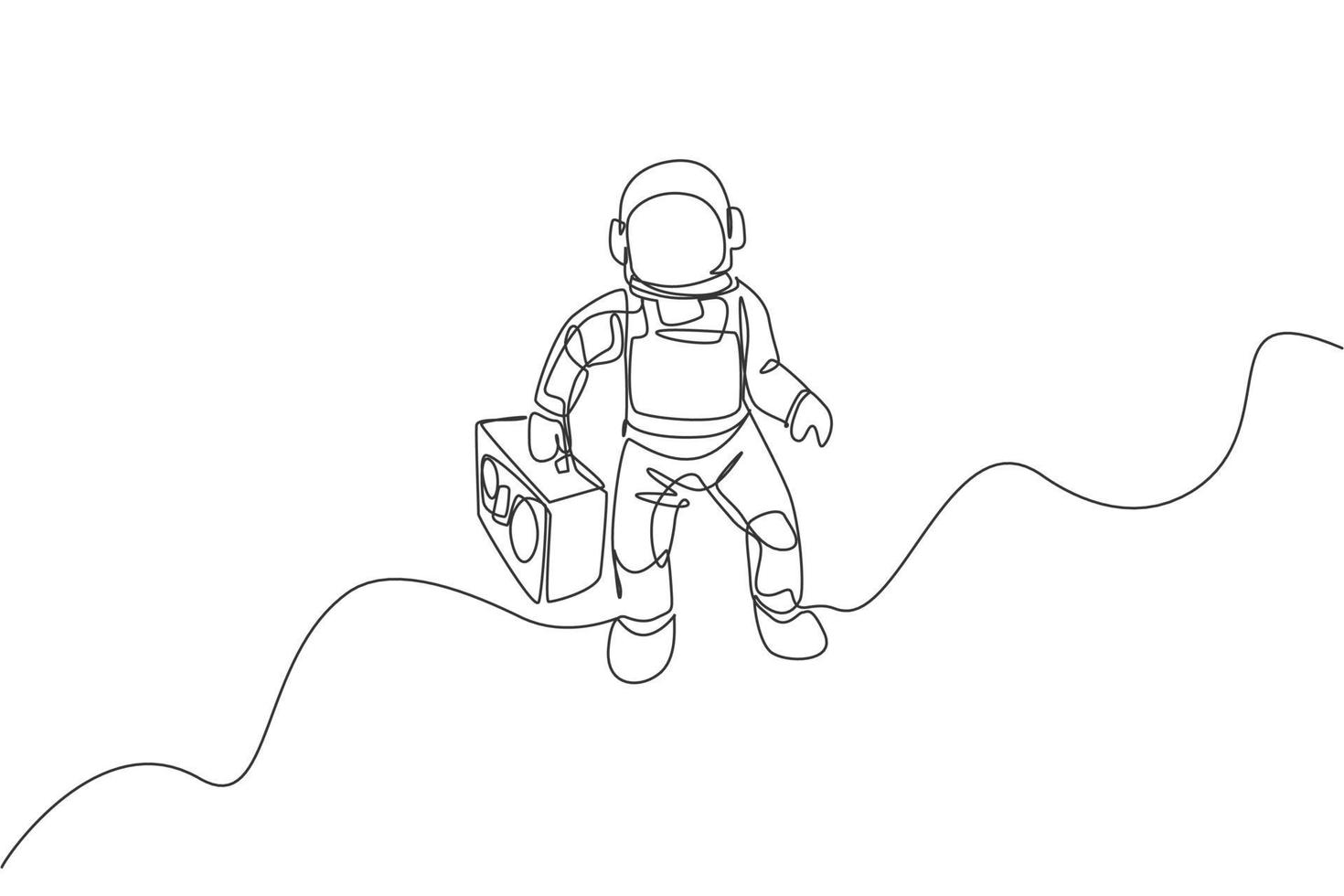 One single line drawing of spaceman flying and bringing retro radio in deep space graphic vector illustration. Music concert poster with space astronaut concept. Modern continuous line draw design