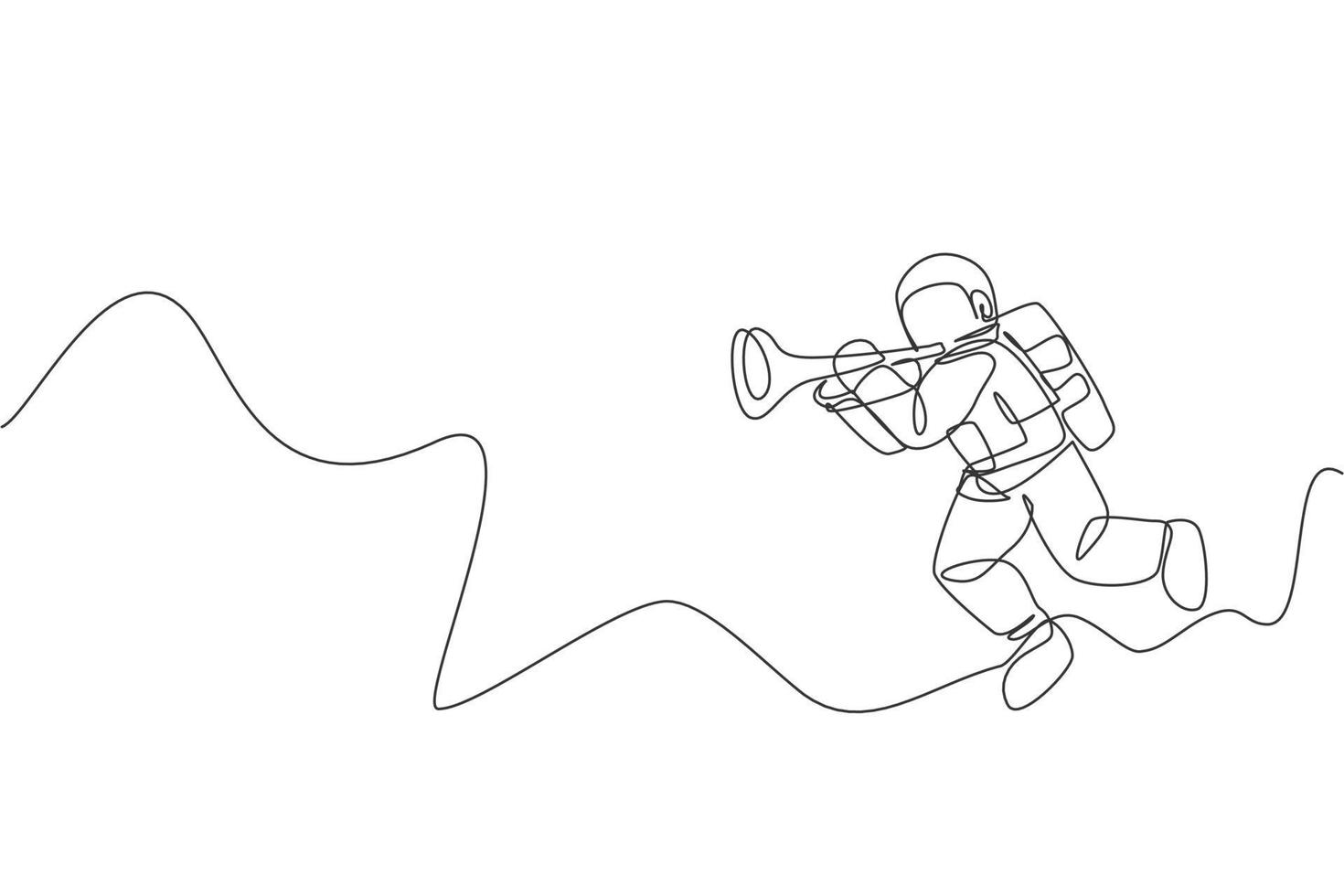 One continuous line drawing of astronaut with spacesuit playing trumpet in galaxy universe. Outer space music concert and orchestra concept. Dynamic single line draw design vector graphic illustration