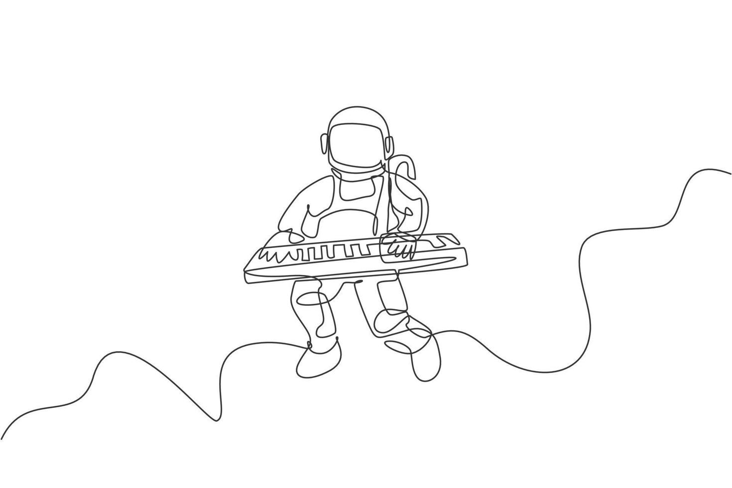 Single continuous line drawing of astronaut keyboardist playing keyboard musical instrument in cosmic galaxy. Deep space music concert concept. Trendy one line draw graphic design vector illustration