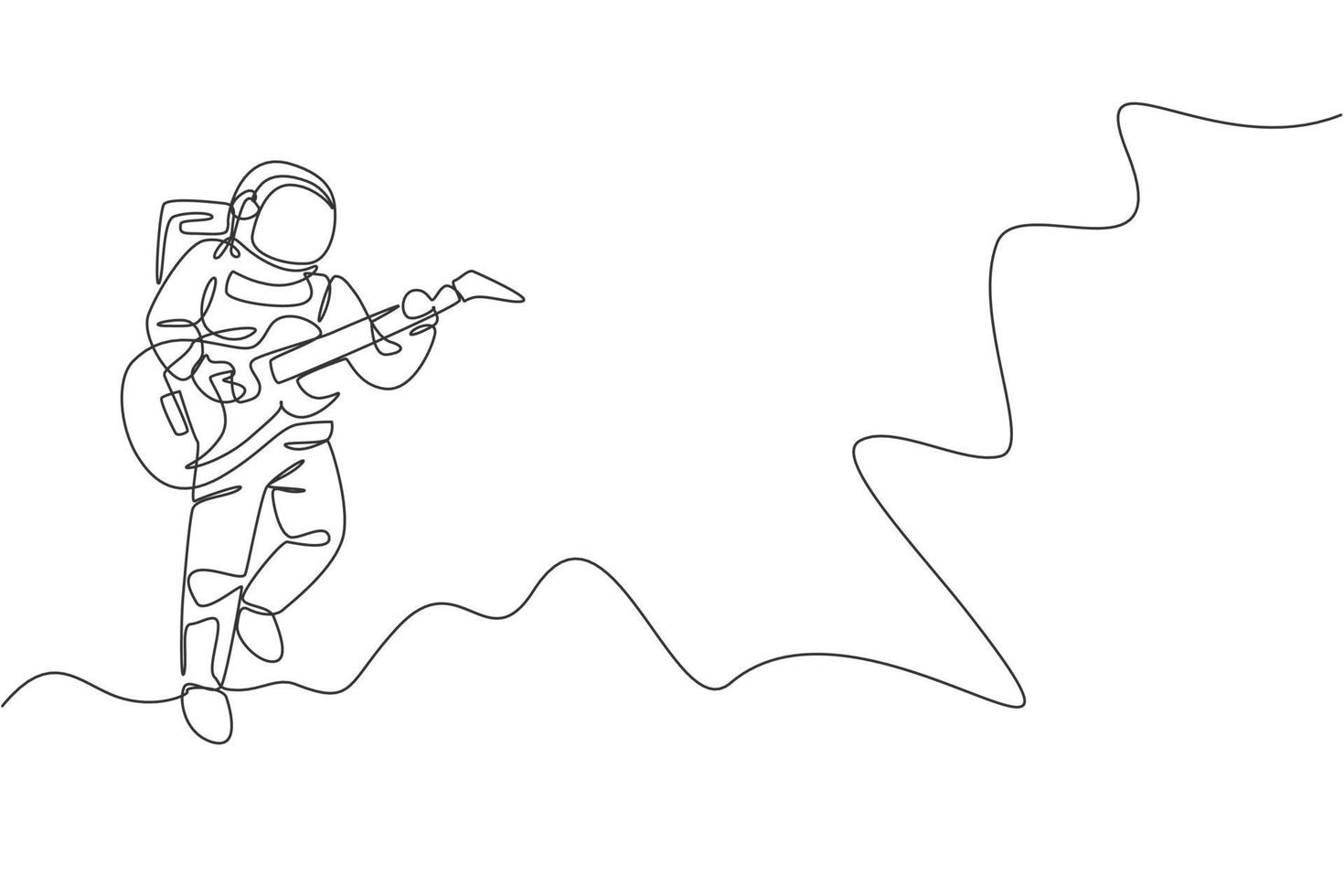 Single continuous line drawing of astronaut playing electric guitar musical instrument in cosmic galaxy. Outer space music concert concept. Trendy one line draw design graphic vector illustration