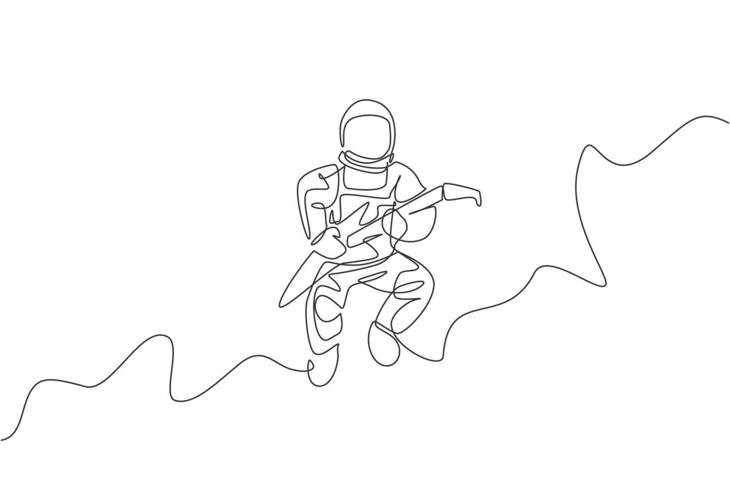 One continuous line drawing of astronaut with spacesuit playing electric guitar in galaxy universe. Outer space music concert concept. Dynamic single line draw graphic design vector illustration