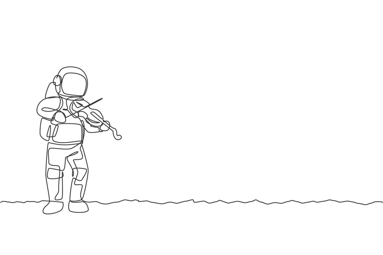 un dibujo de una sola línea de astronauta tocando el violín instrumento musical en la ilustración gráfica de vector de espacio profundo. cartel de concierto de música con concepto de astronauta espacial. diseño moderno de dibujo de línea continua