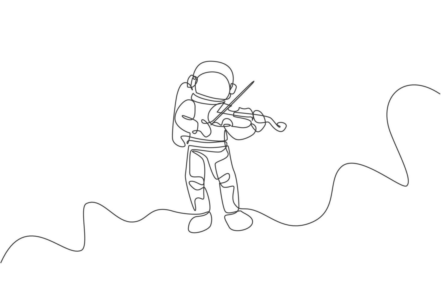 Single continuous line drawing of astronaut playing beauty violin musical instrument in cosmic galaxy. Outer space music concert concept. Trendy one line draw design vector illustration graphic