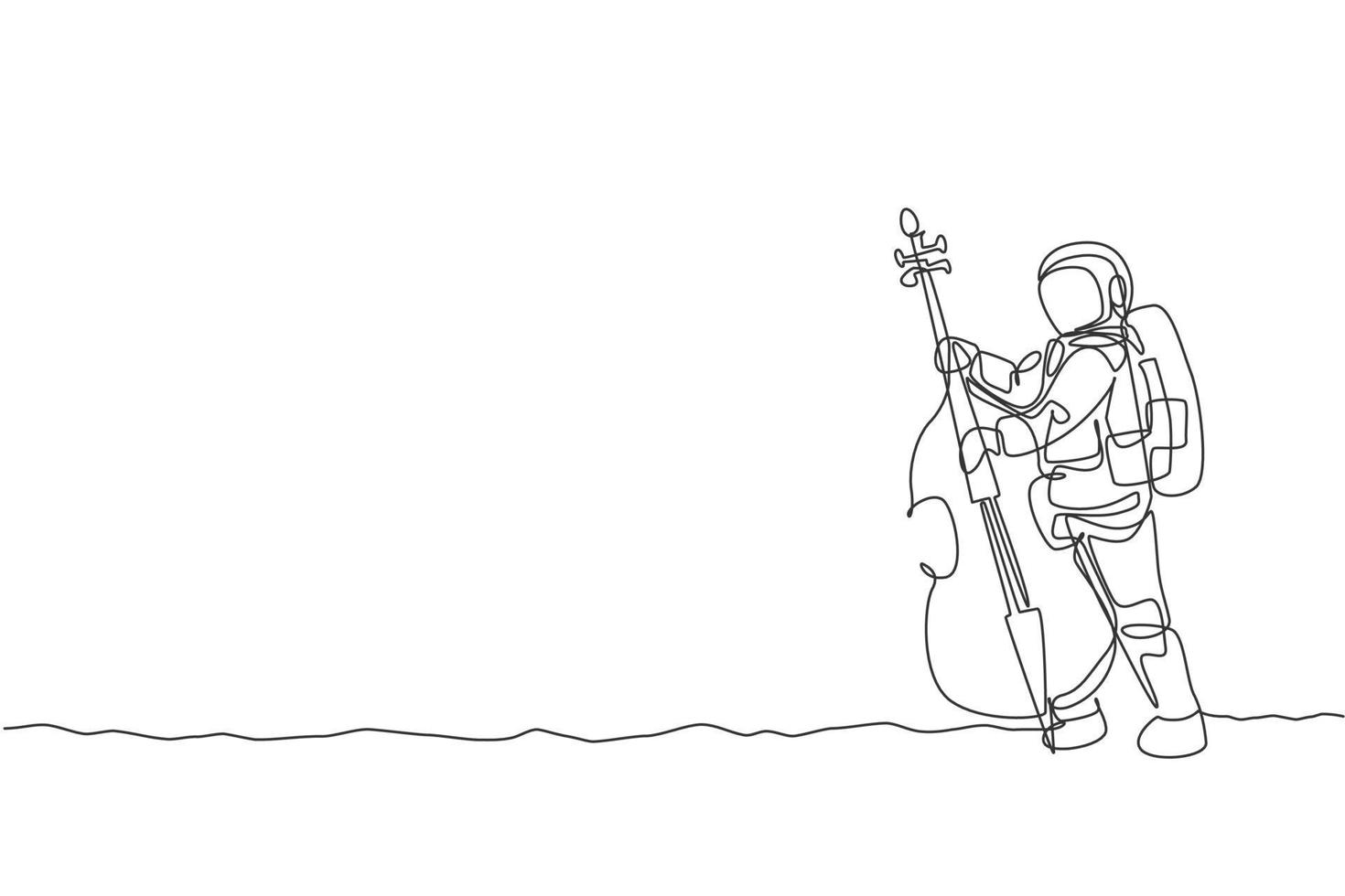 One single line drawing of spaceman cellist playing cello musical instrument on moon surface vector illustration. Music concert poster with space astronaut concept. Modern continuous line draw design