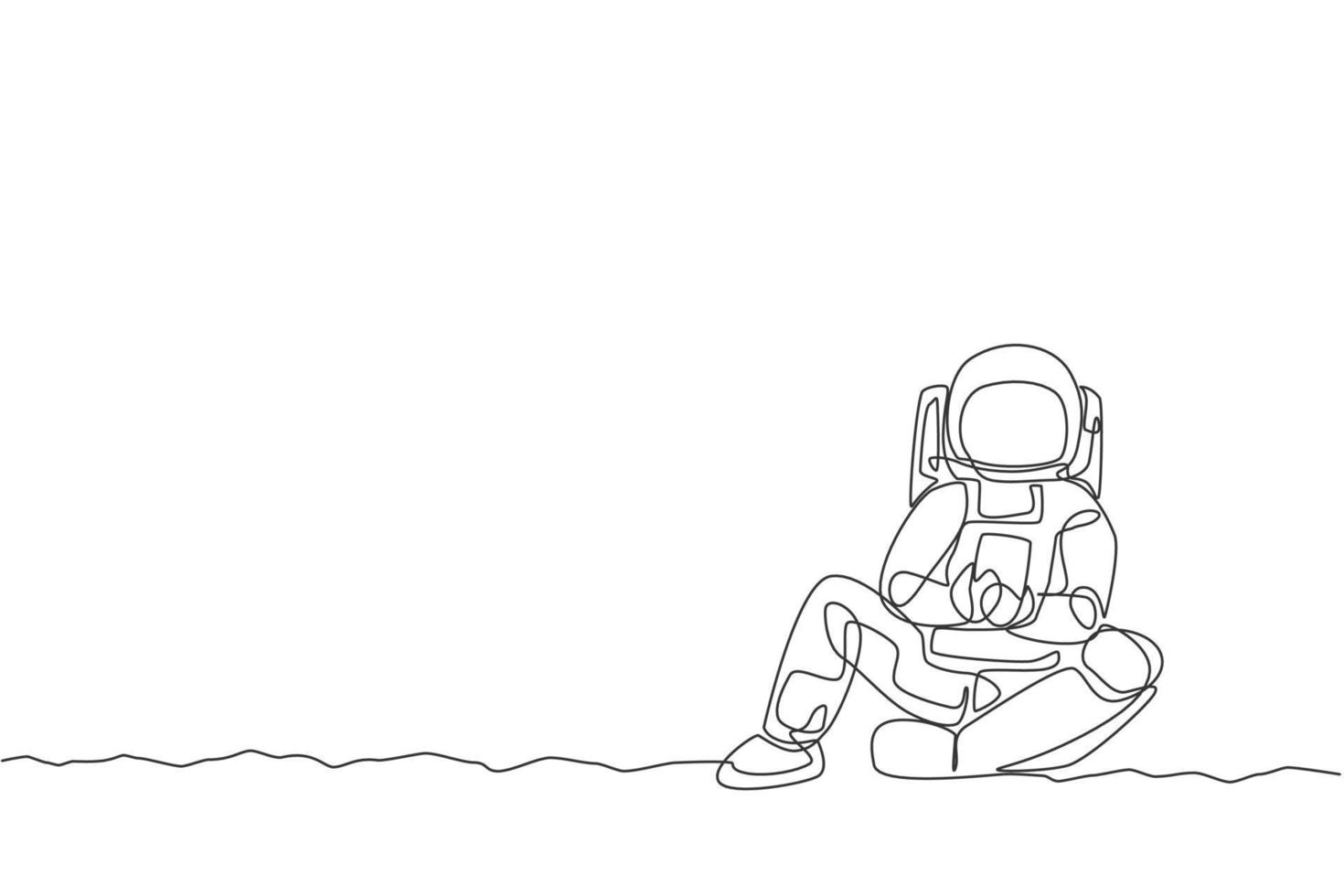One continuous line drawing of young spaceman on spacesuit siting relax on moon surface while texting. Astronaut business office with deep space concept. Single line draw design vector illustration