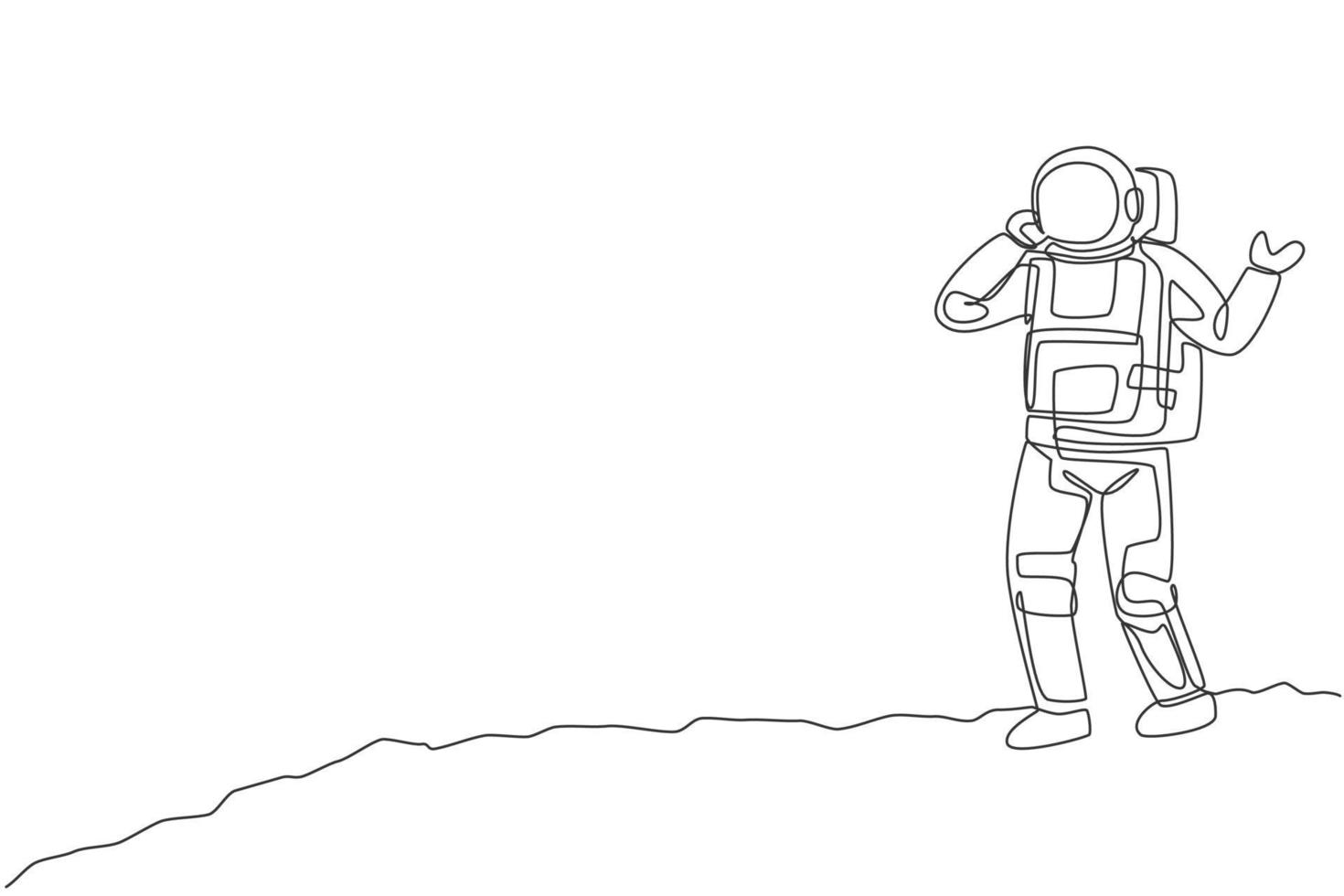 One single line drawing of cosmonaut make a call to partner using smartphone in moon surface vector illustration. Astronaut business office with outer space concept. Modern continuous line draw design