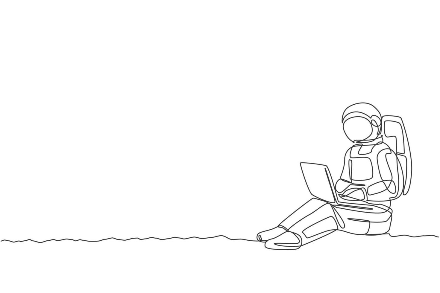 Single continuous line drawing of astronaut sitting in moon surface while typing on laptop computer. Business office with galaxy outer space concept. Trendy one line draw design vector illustration