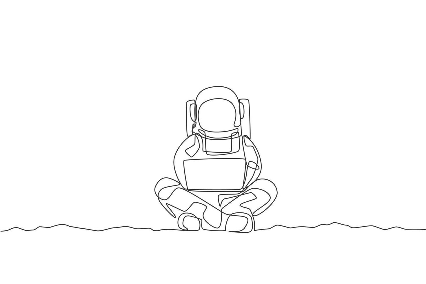 One continuous line drawing of young spaceman on spacesuit sitting in moon surface while typing. Astronaut business office with deep space concept. Dynamic single line draw design vector illustration