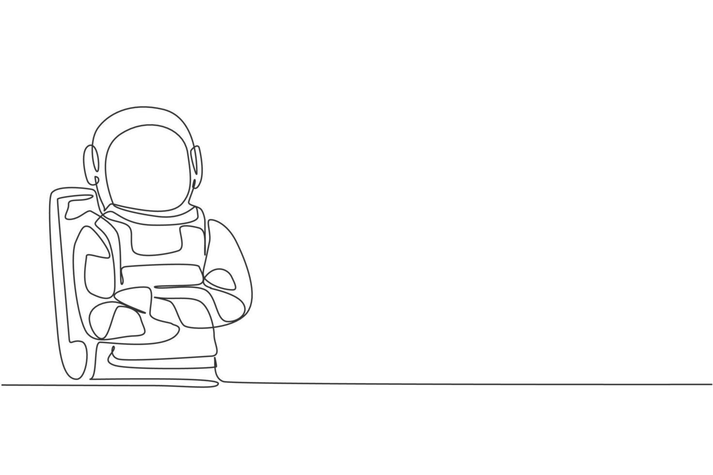 One single line drawing of cosmonaut standing pose with style while crossed hands on chest vector illustration. Astronaut business office with outer space concept. Modern continuous line draw design