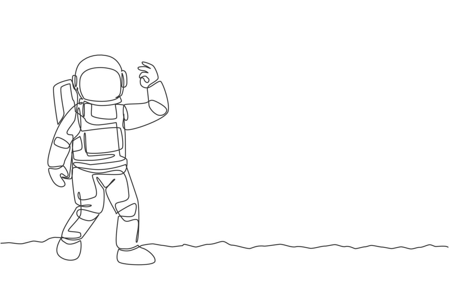 One single line drawing cosmonaut make okay gesture with his fingers in moon surface graphic vector illustration. Astronaut business office with outer space concept. Modern continuous line draw design