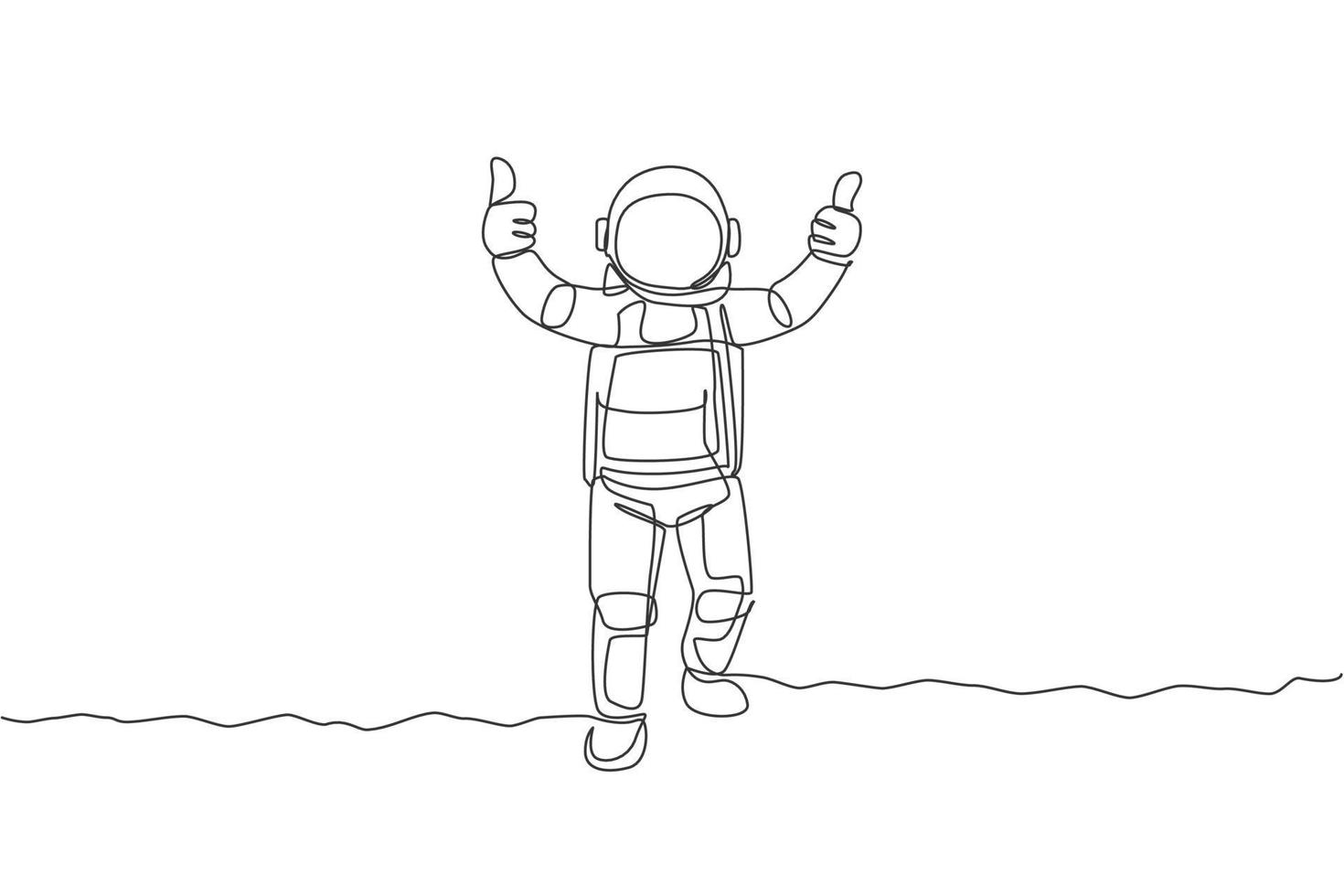 One continuous line drawing young spaceman on spacesuit giving thumbs up gesture in moon surface. Astronaut business office with deep space concept. Single line draw design graphic vector illustration