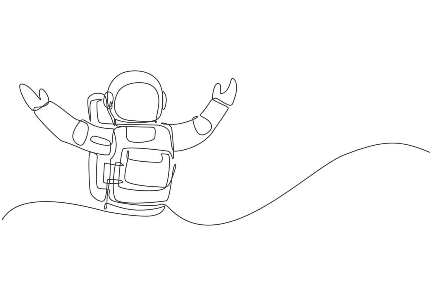 Single continuous line drawing of astronaut open his hands ready to hug in moon surface. Business office with galaxy outer space concept. Trendy one line draw design graphic vector illustration