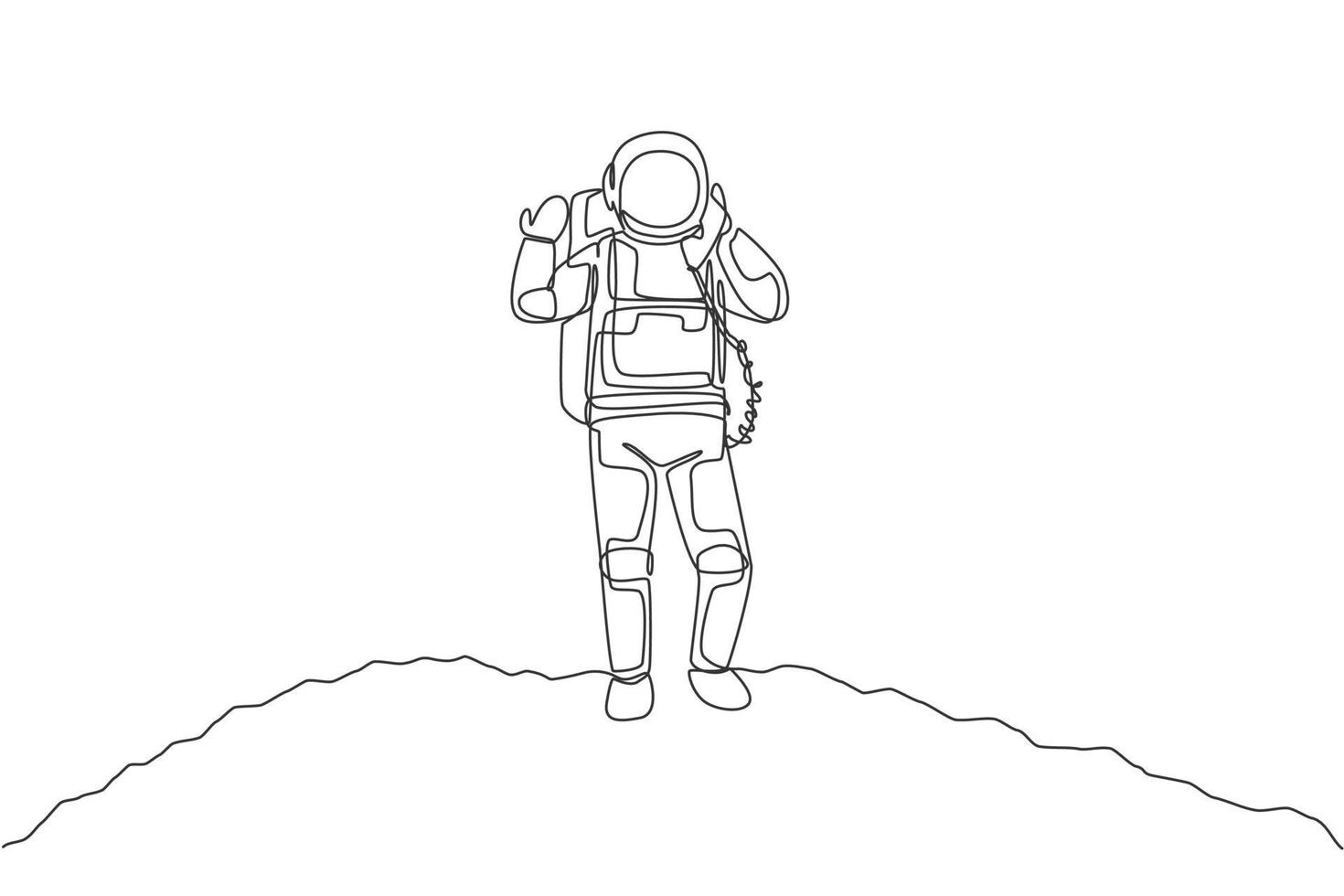 Single continuous line drawing of astronaut in moon surface calling with phone satellite. Business office with galaxy outer space concept. Trendy one line draw graphic design vector illustration