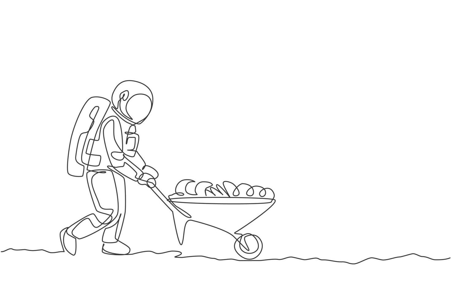 One single line drawing of astronaut pushing wheelbarrow full of fruits and vegetables in moon surface vector illustration graphic. Outer space farming concept. Modern continuous line draw design