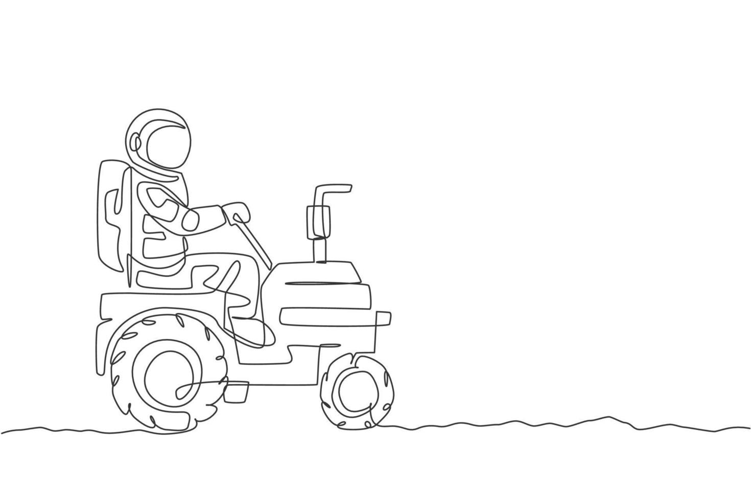 dibujo de una sola línea continua del cosmonauta montando un tractor para nivelar y aplanar el suelo en la superficie de la luna. concepto de vida de agricultura de astronauta de galaxia. Ilustración de vector de diseño de dibujo de una línea de moda