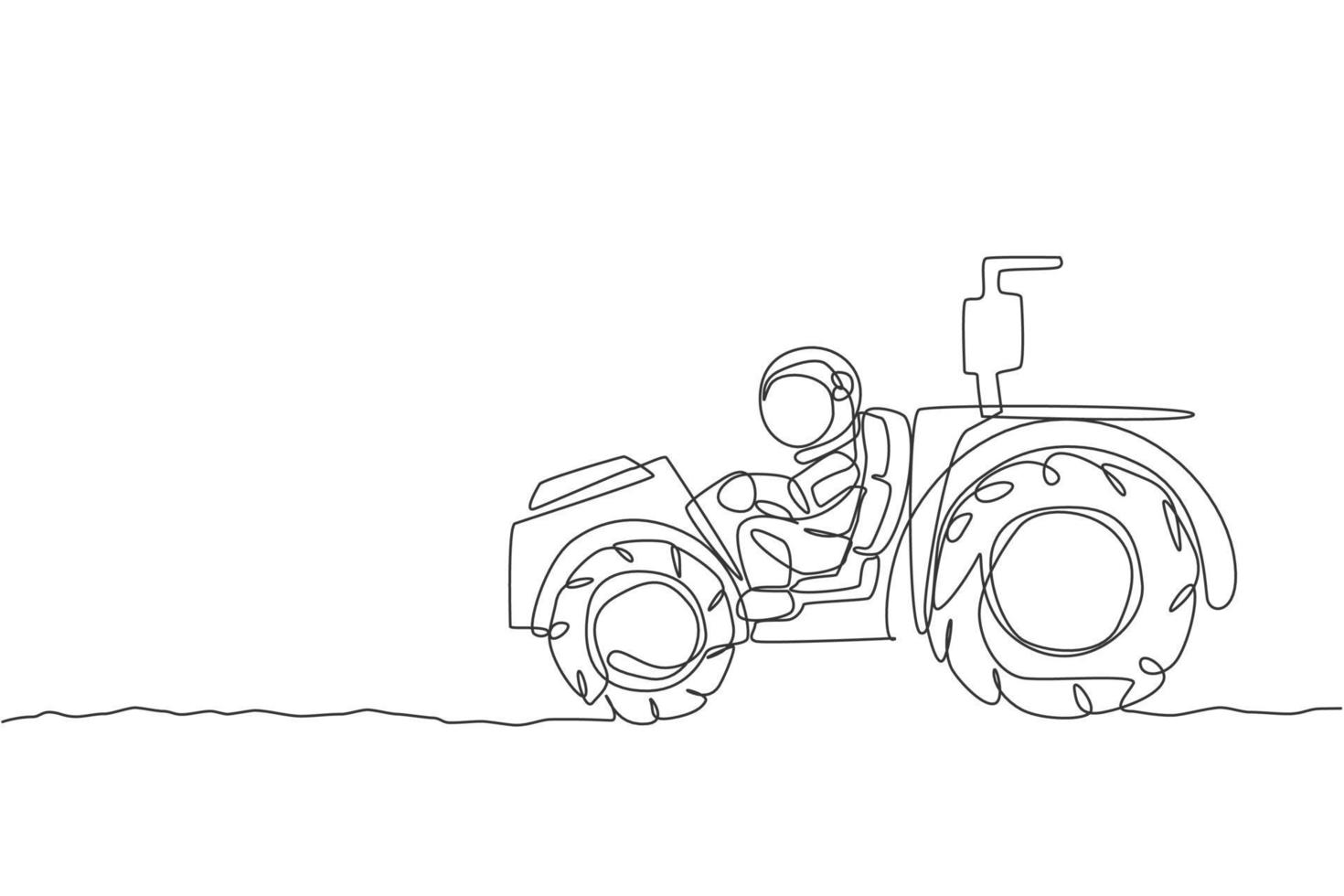 One single line drawing of astronaut riding tractor to leveling and flattening the ground in moon surface vector illustration. Outer space farming concept. Modern continuous line graphic draw design