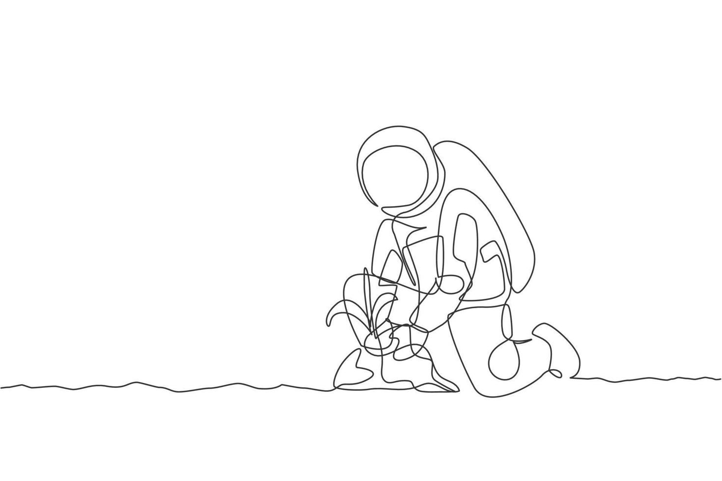One single line drawing of astronaut planting new species tree seed carefully in moon surface vector illustration. Outer space farming concept. Modern continuous line draw graphic design