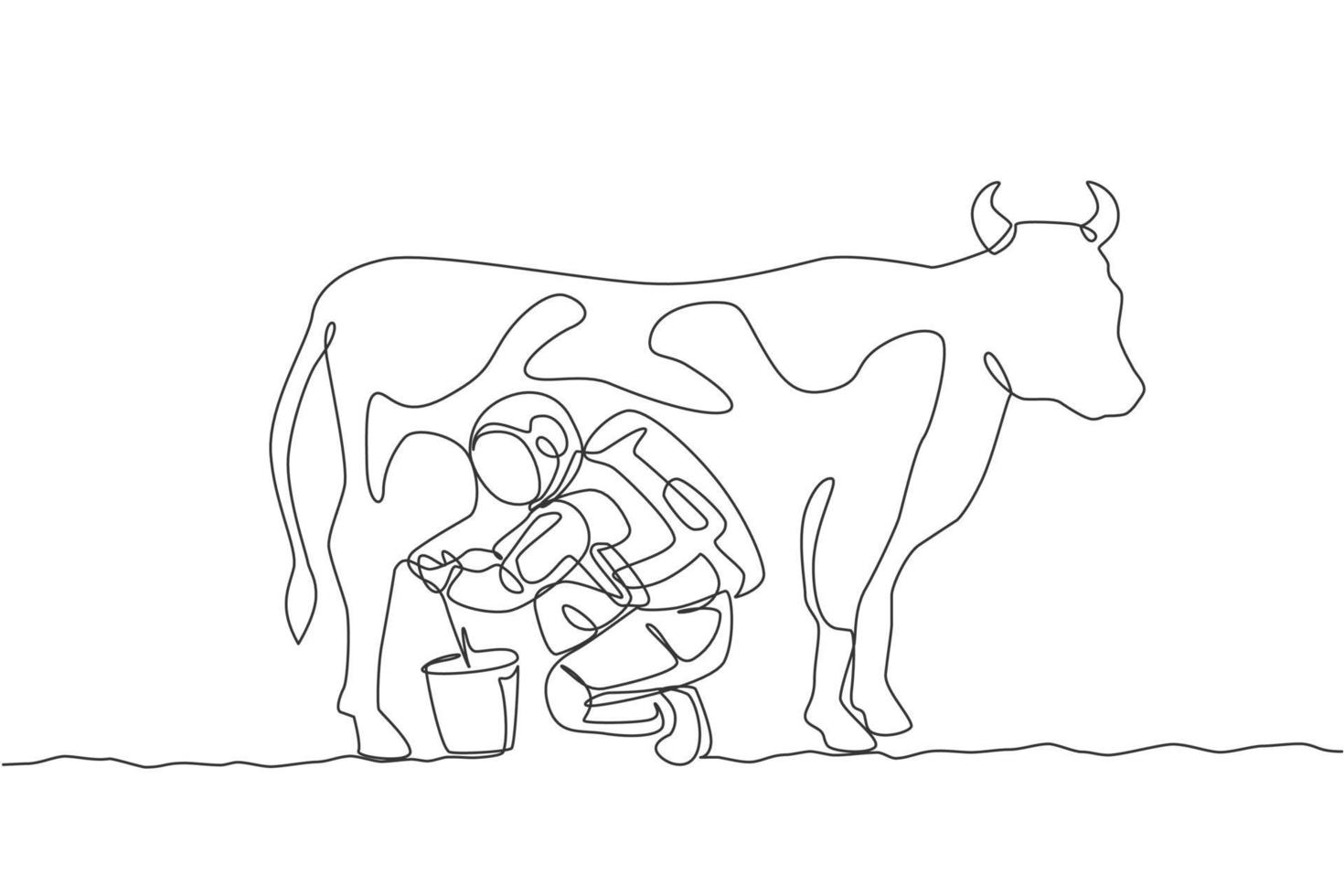 One single line drawing of astronaut squat down milking cow and put into milk can bucket in moon surface graphic vector illustration. Outer space farming concept. Modern continuous line draw design