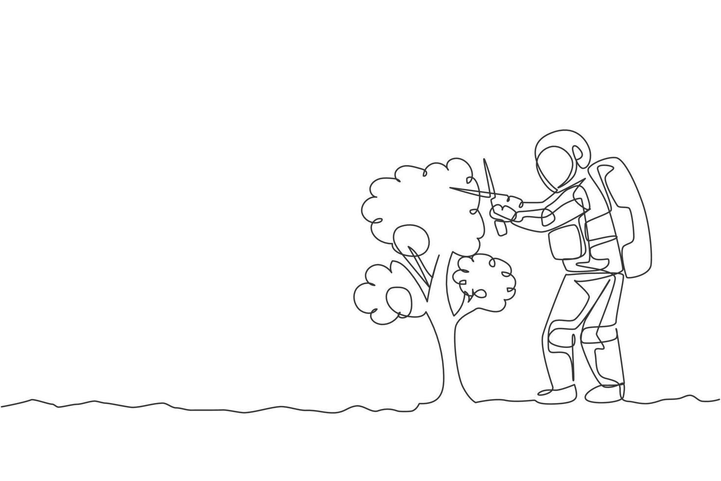 One continuous line drawing of spaceman cutting tree leaf using gardening scissor in moon surface. Deep space gardening astronaut concept. Dynamic single line draw design graphic vector illustration