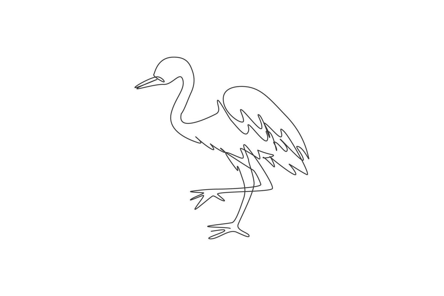 One single line drawing of cute heron bird vector illustration. Protected species national park conservation. Safari zoo concept. Modern continuous line graphic draw design