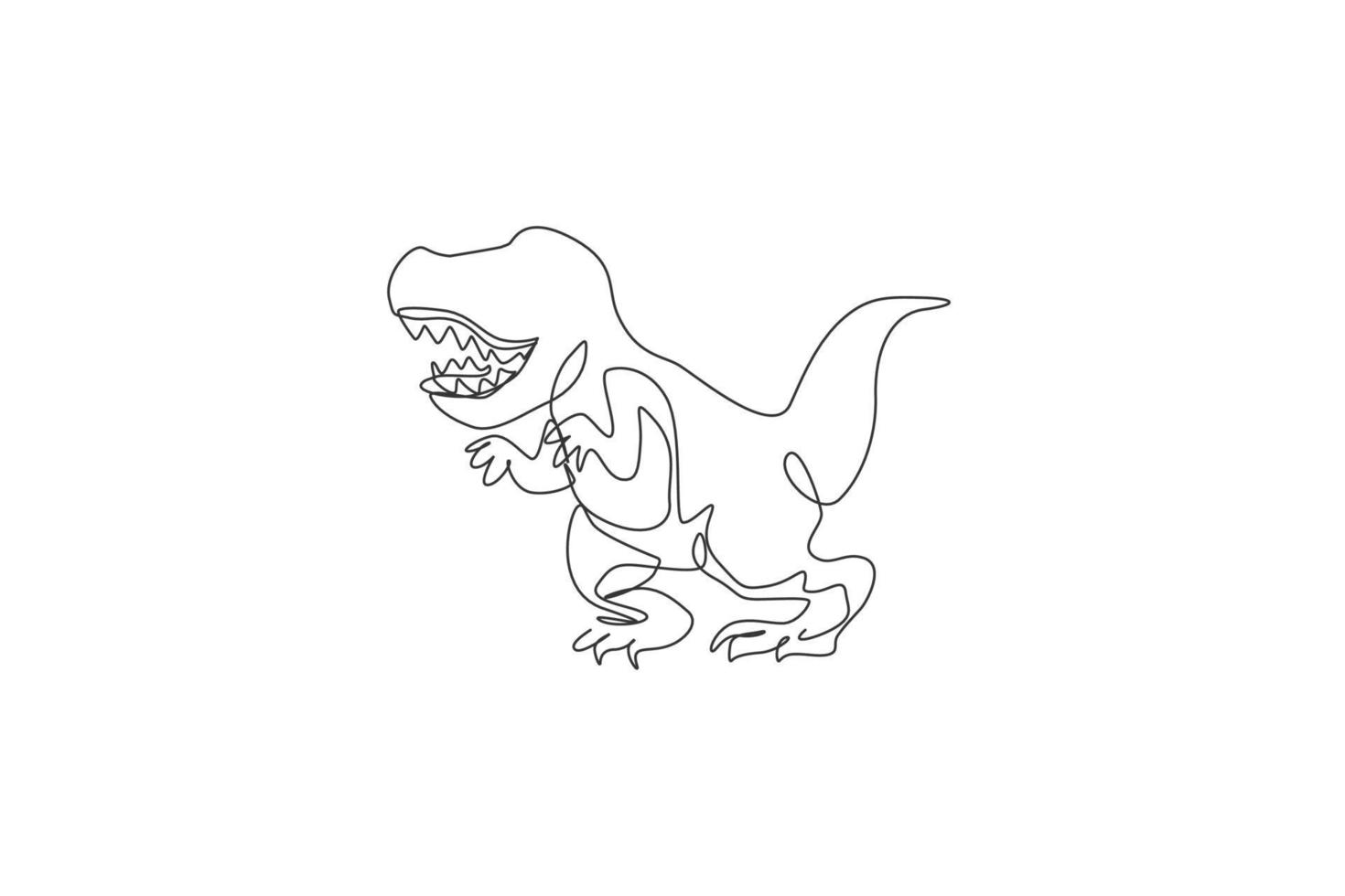 One continuous line drawing of roaring tyrannosaurus rex dinosaur. Prehistoric museum logo concept. Dynamic single line draw graphic design vector illustration