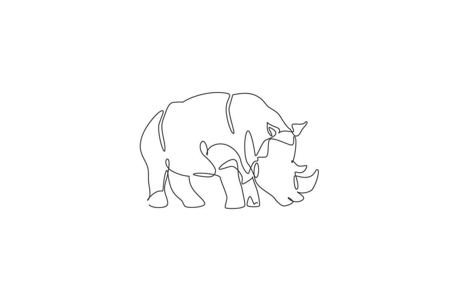 One single line drawing of giant African rhinoceros graphic vector illustration. Protected species national park conservation. Safari zoo concept. Modern continuous line draw design