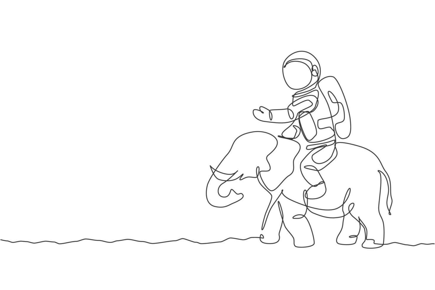 One continuous line drawing of cosmonaut with spacesuit riding Aisan elephant, wild animal in moon surface. Astronaut zoo safari journey concept. Trendy single line draw design vector illustration