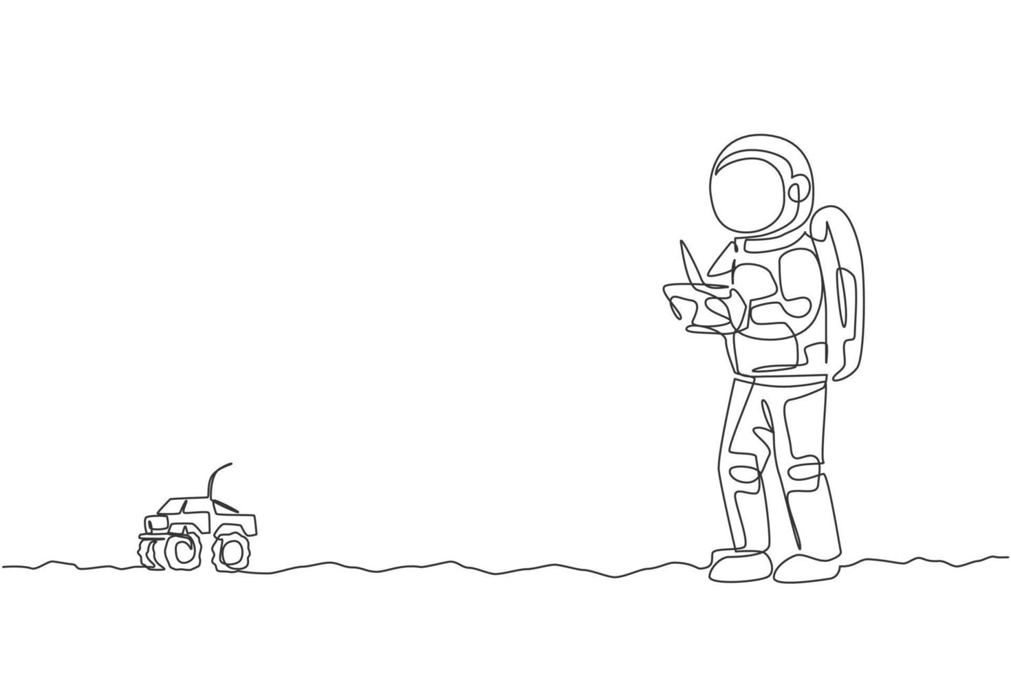 Astronauta de dibujo de línea continua única jugando control de radio de camión monstruo en la superficie de la luna. divertirse en el tiempo libre en el concepto de espacio ultraterrestre. Ilustración de vector de diseño gráfico de dibujo de una línea de moda