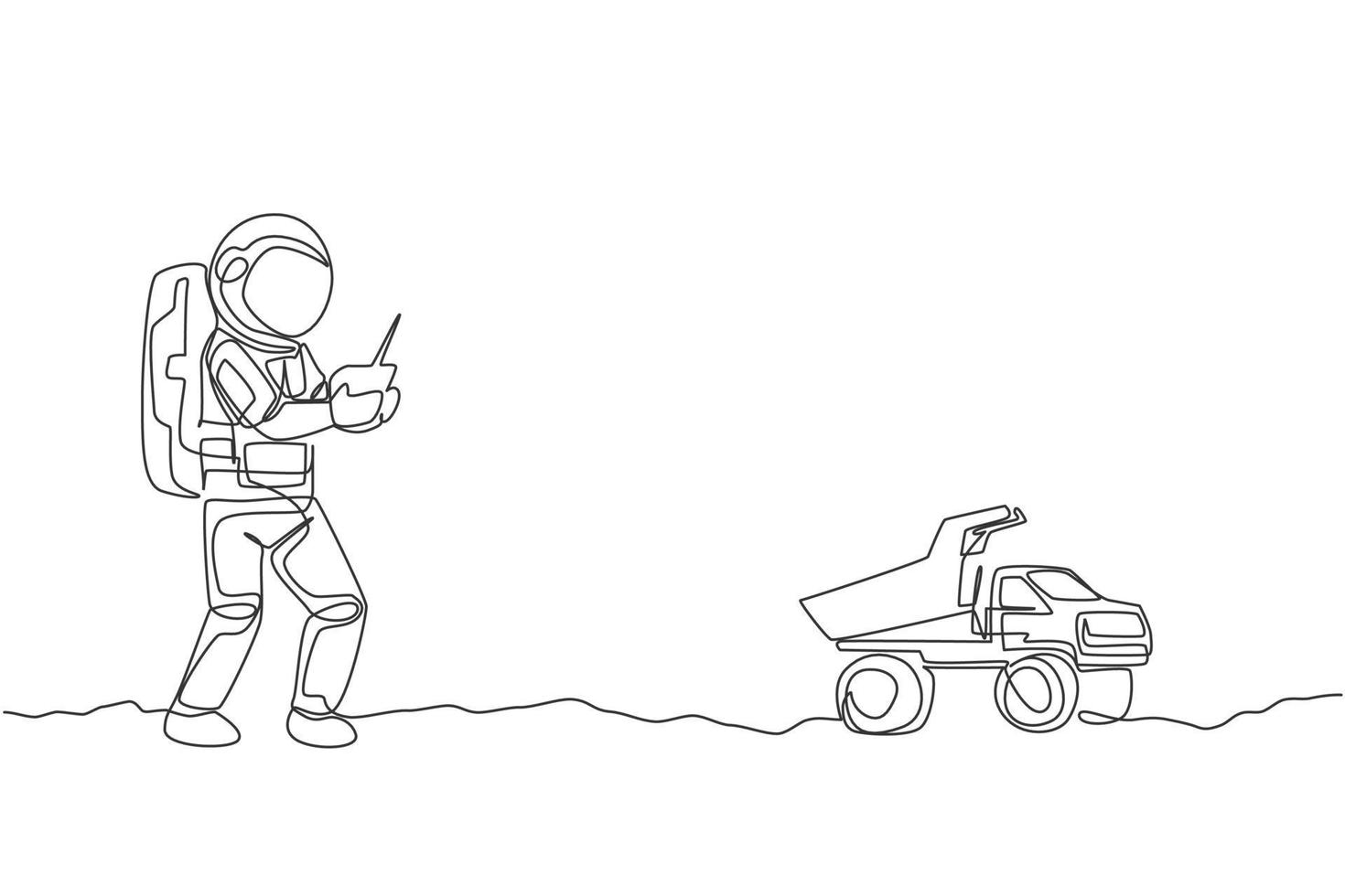 One continuous line drawing of astronaut playing dump truck radio control in moon cosmic galaxy. Outer space hobby and lifestyle concept. Dynamic single line draw design vector illustration graphic