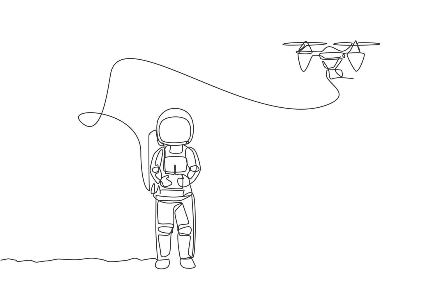 One single line drawing astronaut playing drone plane radio control in moon land graphic vector illustration. Doing hobby while leisure time in deep space concept. Modern continuous line draw design