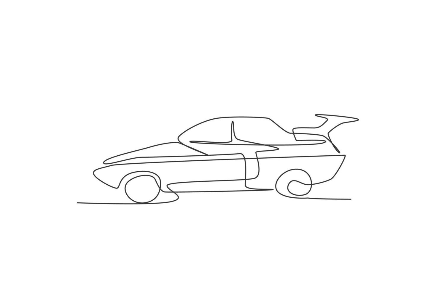 One continuous line drawing of classic sedan car from side view. Transportation road vehicle concept. Dynamic single line draw design vector graphic illustration